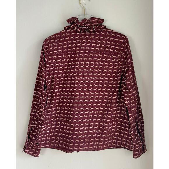 Zara Horse Print Shirt Ruffle Trim Women Size XL Burgundy Maroon Pink Slim Fit - Picture 4 of 7